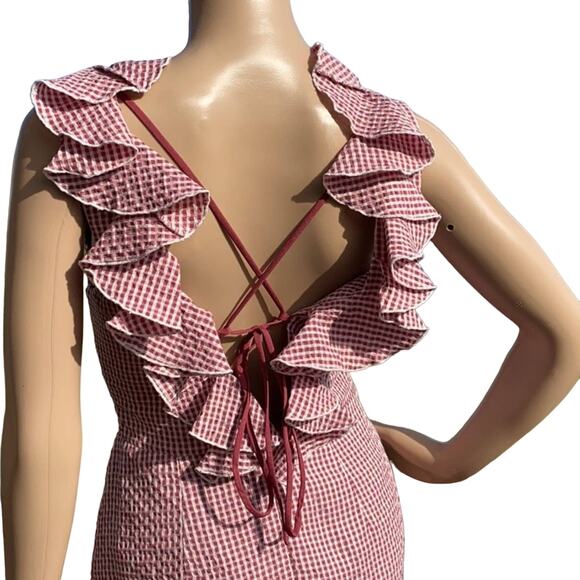New WAYF Dorian Ruffled Asymmetrical Gingham Ruffled Crisscross Back Dress S - Picture 7 of 11